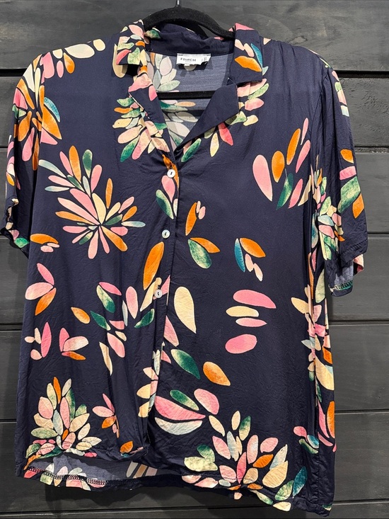 Frame Denim Tops - French Navy Floral Short Sleeve Button-Up Top